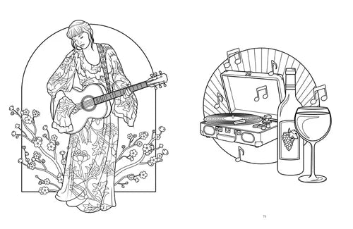 Illustration of a woman playing guitar with a record player and wine glass on a white background