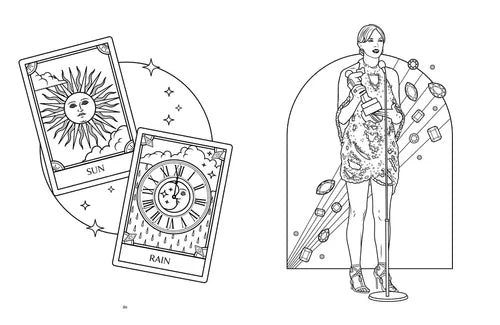Illustration of tarot cards and a woman with celestial elements on a white background