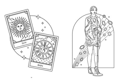 Illustration of tarot cards and a woman with celestial elements on a white background
