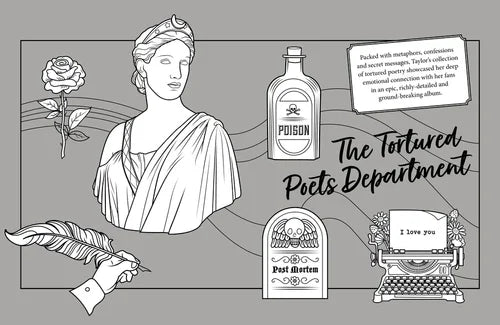 Illustration of a classical figure with a rose, bottle labeled 'Poison', gravestone, and typewriter with text on a gray background.