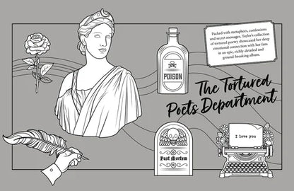 Illustration of a classical figure with a rose, bottle labeled 'Poison', gravestone, and typewriter with text on a gray background.