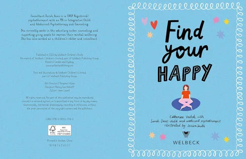 Book cover with 'Find your Happy' text and a person sitting on a cloud, on a blue background.