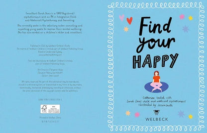 Book cover with 'Find your Happy' text and a person sitting on a cloud, on a blue background.