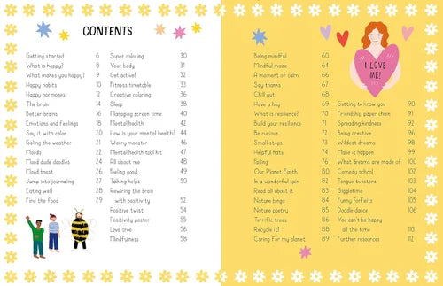 Table of contents for a book or resource with colorful illustrations and text on a yellow background.