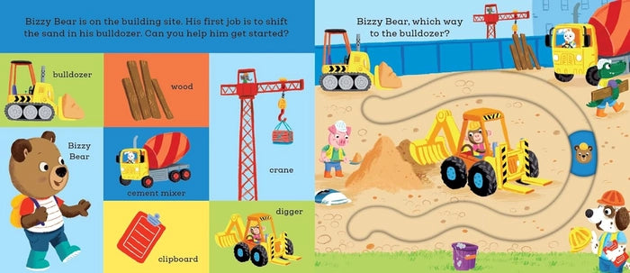 Children's book page with Bizzy Bear at a construction site, featuring illustrations of construction vehicles and tools.