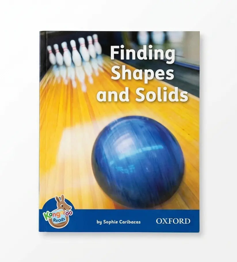 A children's book titled 'Finding Shapes and Solids' by Sophie Caribacas, published by Oxford. The cover features a blue bowling ball on a yellow bowling lane with white bowling pins in the background.