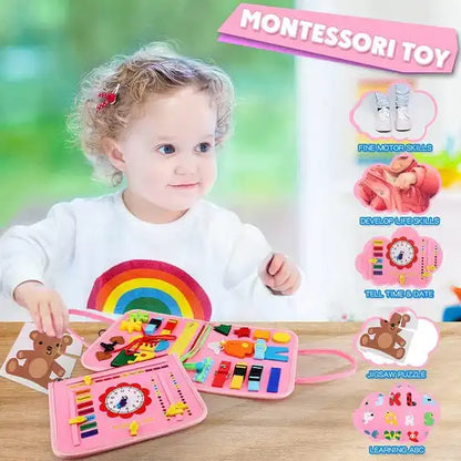 Child playing with a Montessori toy set on a wooden table with educational benefits displayed.