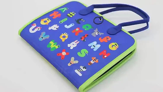 Blue bag with colorful letter designs on a white background