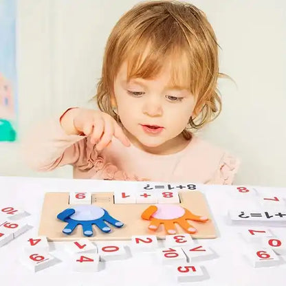 Child playing with educational math toys on a table