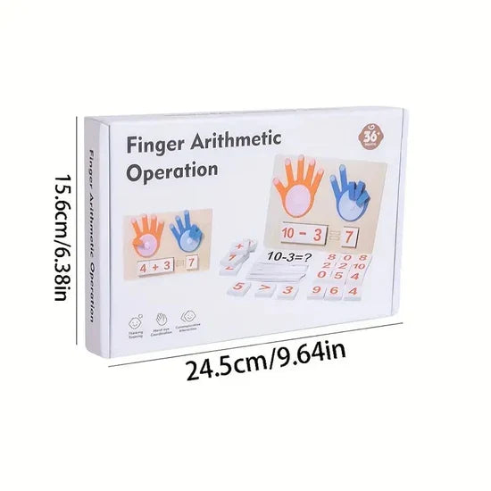 Box of Finger Arithmetic Operation educational product with measurements on a white background