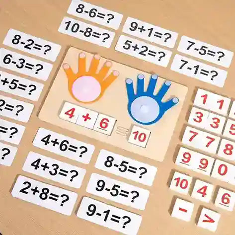 Educational math game with cards displaying arithmetic problems and colorful hand designs.