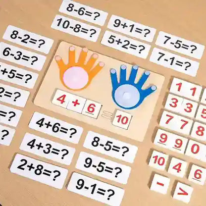 Educational math game with cards displaying arithmetic problems and colorful hand designs.