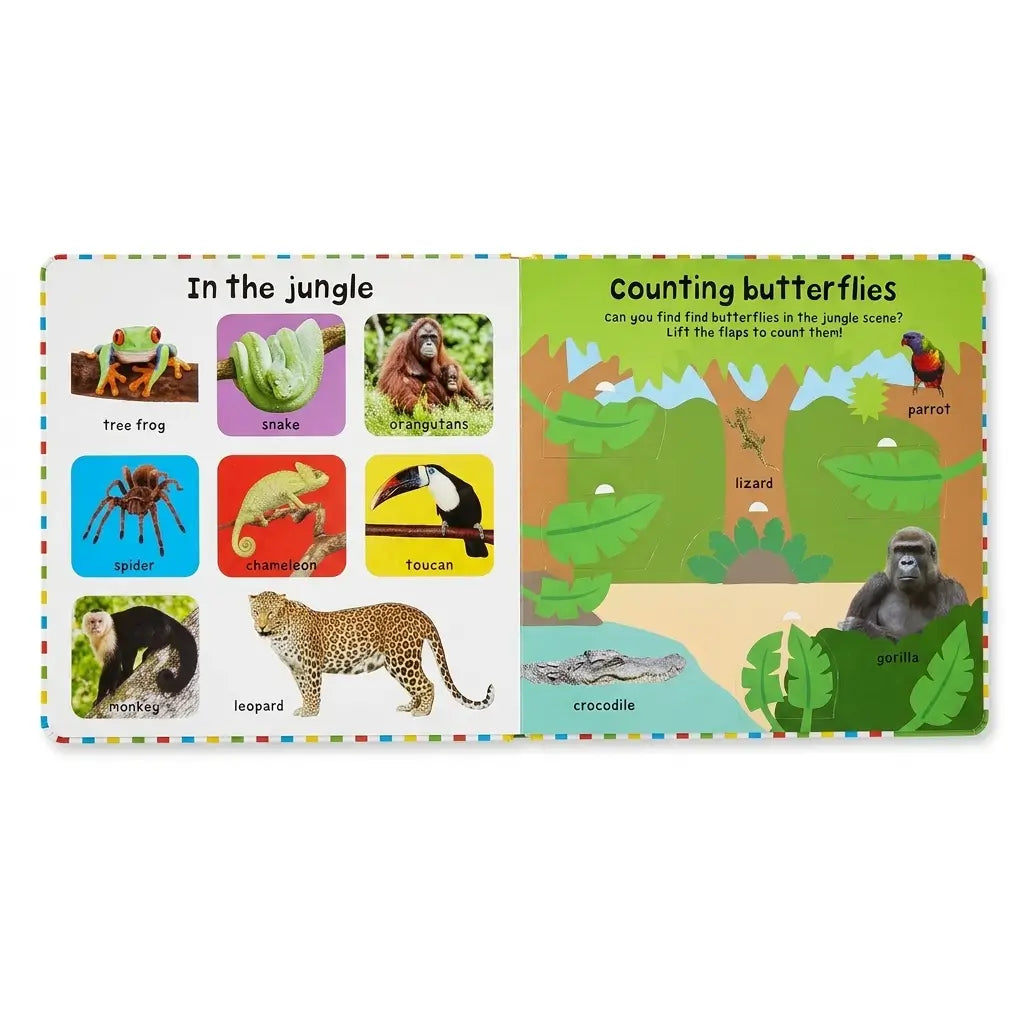 A children's educational board book titled 'In the jungle' and 'Counting butterflies' shown flat against a white background. The left page features colorful animal illustrations with labels, while the right page shows a jungle scene with butterfly counting flags and animal icons.