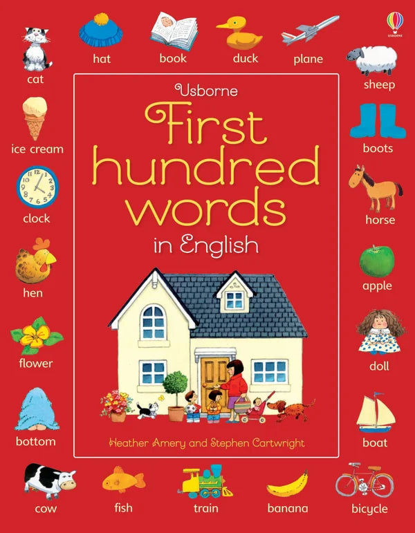 Book cover of 'First Hundred Words in English' with illustrations and text on a red background