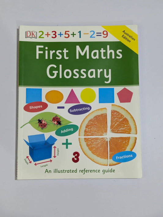 Book titled 'First Maths Glossary' with colorful illustrations on a white background