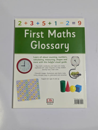 Book titled 'First Maths Glossary' on a white background