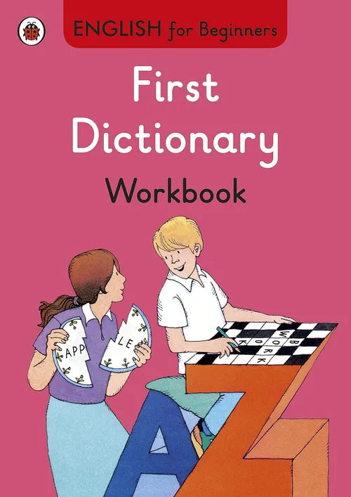 Book cover of 'First Dictionary Workbook' for beginners with a pink background and illustration of two children.
