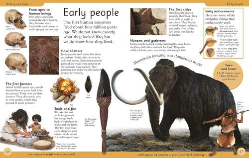 Educational page about early people with illustrations of a mammoth, tools, and text.