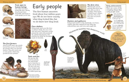 Educational page about early people with illustrations of a mammoth, tools, and text.