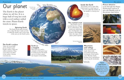 Educational poster about the Earth, including images and text on its surface, interior, and features.