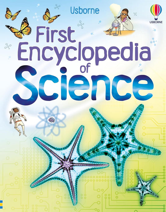 Cover of the 'First Encyclopedia of Science' by Usborne, featuring illustrations of sea creatures and a child reading.