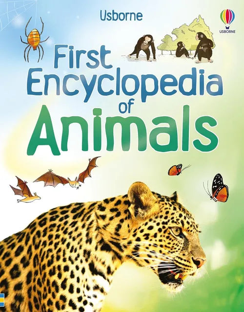 Book cover of 'First Encyclopedia of Animals' by Usborne with a leopard and animal illustrations.