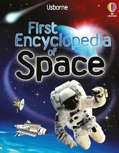 Book cover of 'First Encyclopedia of Space' by Usborne with an astronaut and space elements.