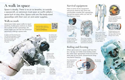 Educational page about space exploration with astronaut suits and survival equipment illustrations.
