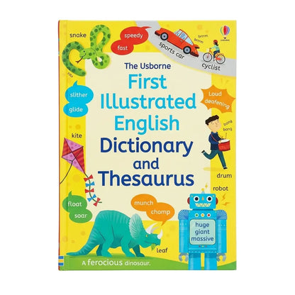The Usborne First Illustrated English Dictionary and Thesaurus book cover, featuring a bright yellow background with colorful cartoon illustrations of a snake, bicycle, car, kite, dinosaur, and robot.