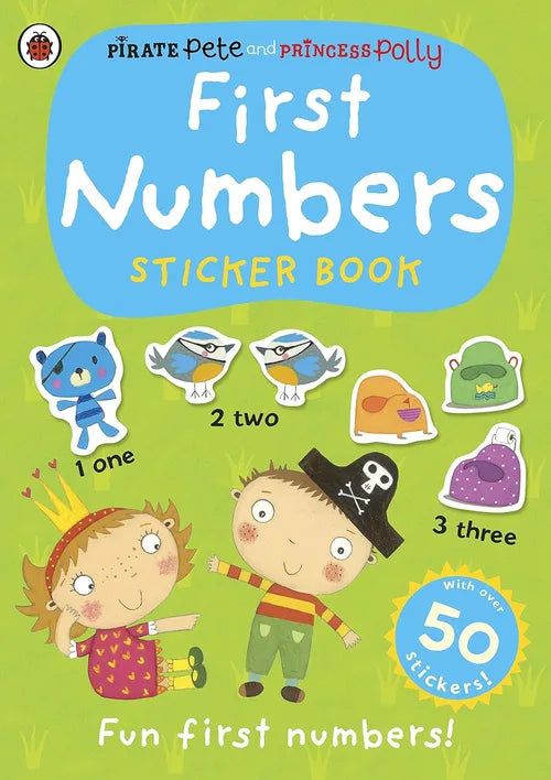 Book cover of 'First Numbers Sticker Book' featuring cartoon characters and numbers.