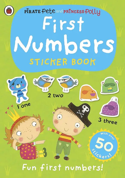 Book cover of 'First Numbers Sticker Book' featuring cartoon characters and numbers.