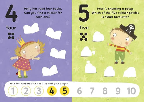 Educational page from a children's book with numbers, stickers, and characters on a purple and green background.