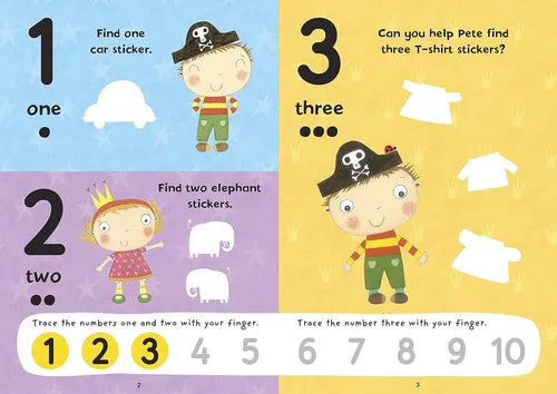 Educational children's book page with numbers, counting, and tracing activities.
