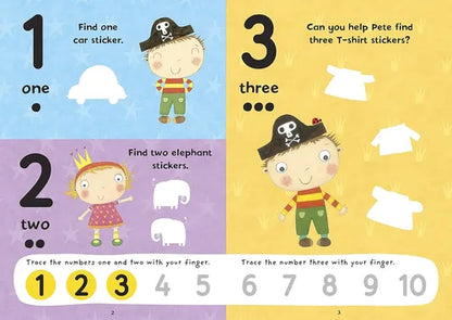 Educational children's book page with numbers, counting, and tracing activities.