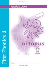 Book cover of 'First Phonics 1' by Schofield & Sims with an octopus illustration on a purple and blue background.