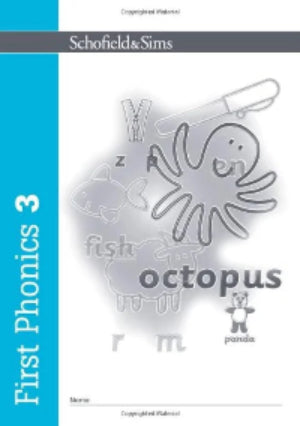 Book cover of 'First Phonics 3' by Schofield & Sims with an octopus illustration and educational text.