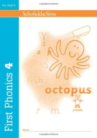 Book cover of 'First Phonics 4' by Schofield & Sims with an octopus illustration on a blue and orange background.