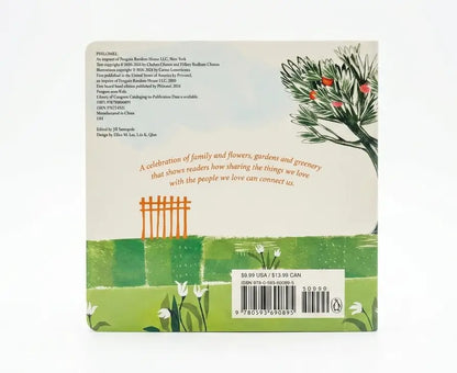 The back cover of the children's book 'Fishing' by Peggy Rubin, featuring a cream-colored background with an illustration of a fisherman's net, a tree with red berries, and a green field with white flowers. The text and barcode are clearly visible.