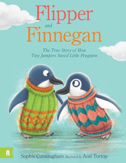 Book cover of 'Flipper and Finnegan' with two penguins wearing jumpers on a light blue background.