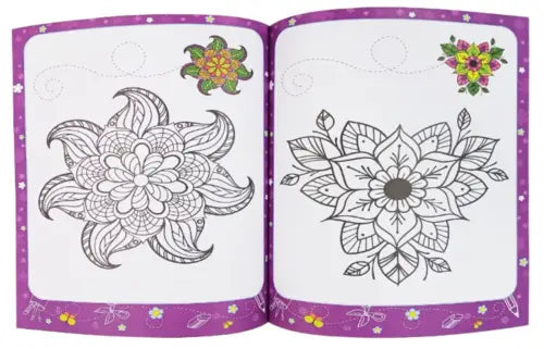 Coloring book open to pages with floral designs on a purple border