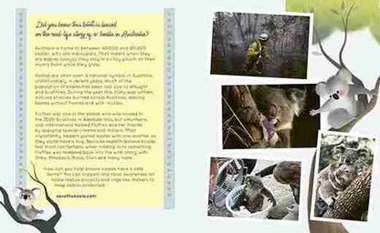 Collage of images related to wildlife, including a koala and a firefighter, with text on a white background.