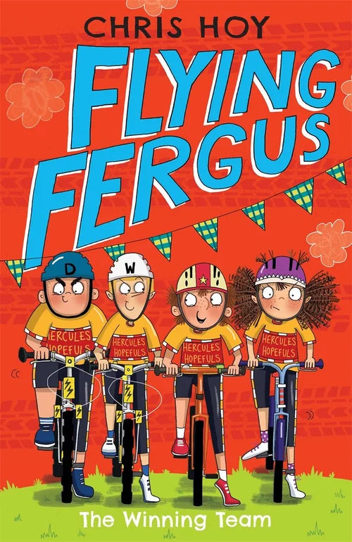 Book cover of 'Flying Fergus' with cartoon characters on bikes against a red background