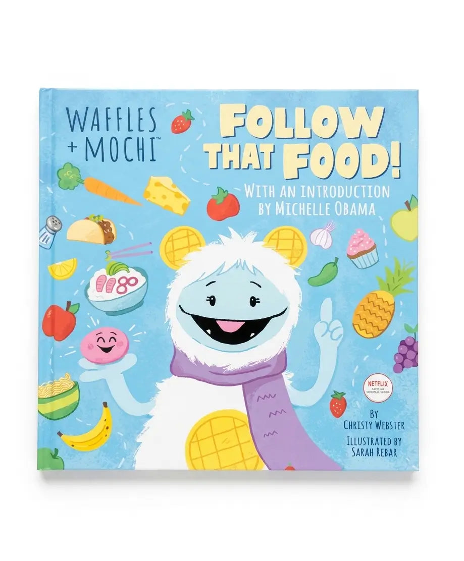 Children's board book titled 'Follow That Food!' with a light blue cover, featuring a white furry character wearing a purple scarf and surrounded by colorful illustrated foods. Visible text includes 'Waffles + Mochi' and credits for Michelle Obama and Sarah Rebar.