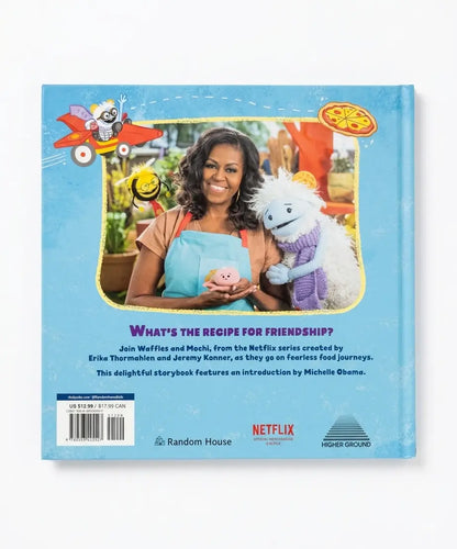 The back cover of the children's book 'What's the Recipe for Friendship?' on a clean white background. The cover features a light blue border, a central photo of Michelle Obama smiling and holding a pink pig, and text detailing the storybook's plot with Netflix and Random House logos at the bottom.