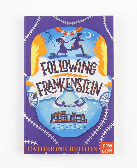 The book cover of 'Following Frankenstein' by Catherine Bruton, published by Nosy Crow. The cover features a purple background with a stitched border, a central blue illustration of two figures under a crescent moon, and orange title text.