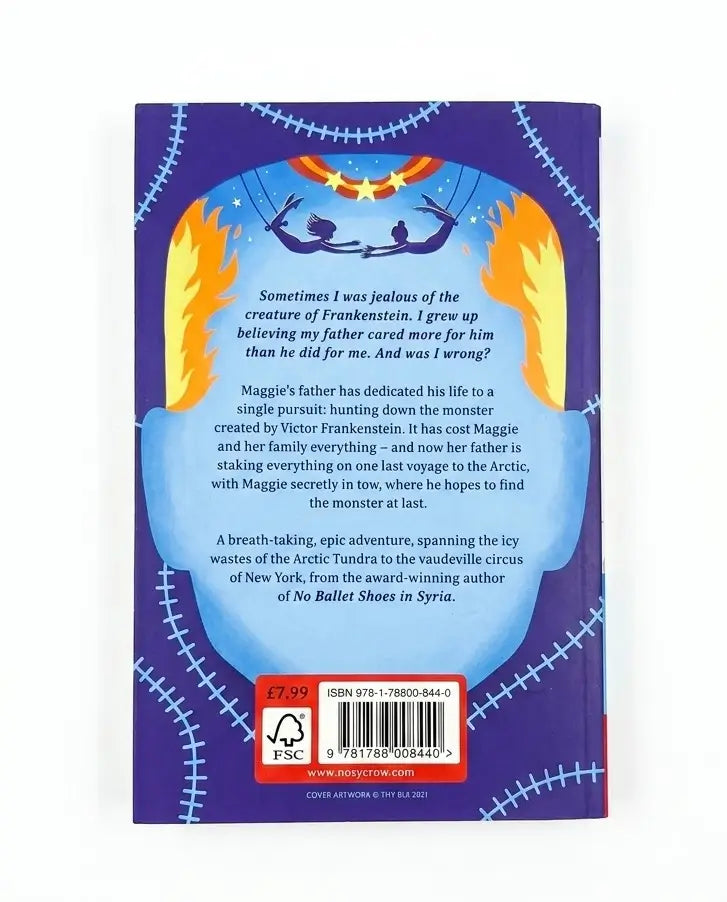 Back cover of a children's book titled 'The Monster' by Victoria Aitken, featuring a purple background with a stitched patchwork design, a blue circular illustration of a figure hanging from a tree, and a red barcode label at the bottom.