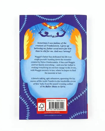 Back cover of a children's book titled 'The Monster' by Victoria Aitken, featuring a purple background with a stitched patchwork design, a blue circular illustration of a figure hanging from a tree, and a red barcode label at the bottom.