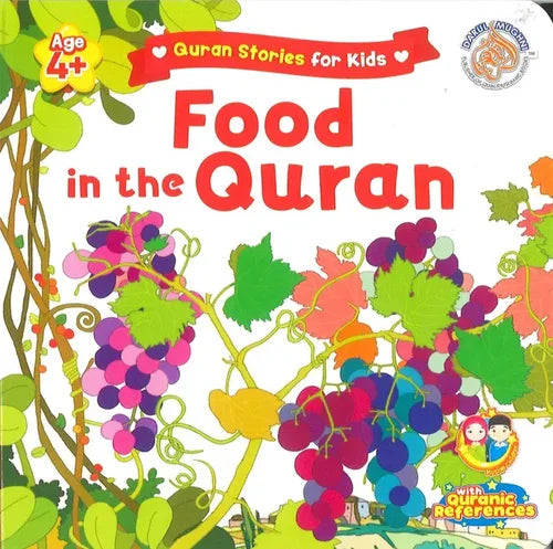 Book cover of 'Food in the Quran' for kids with colorful illustrations and text.