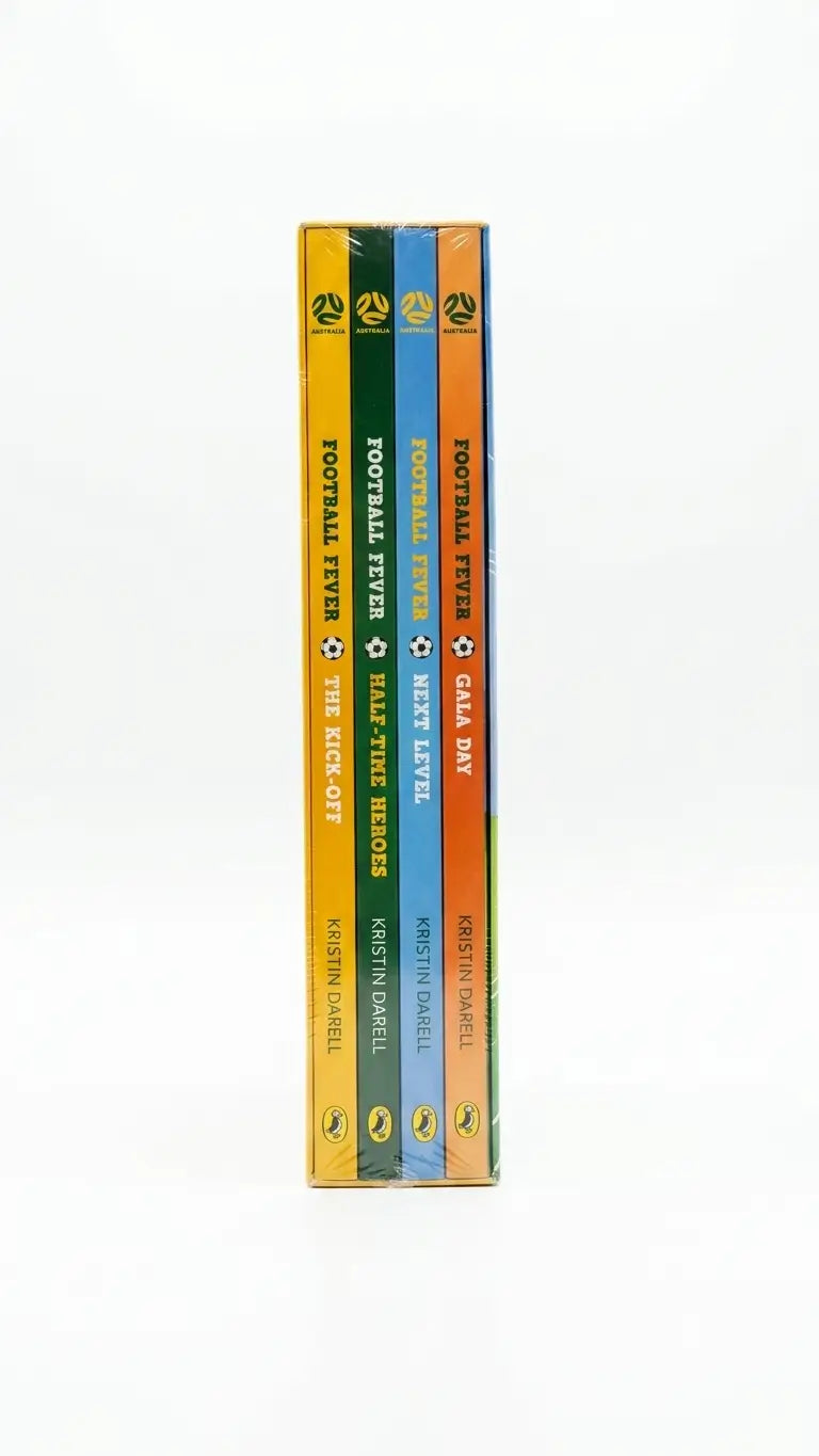 A boxed set of four football-themed books standing upright against a plain white background. The spines are yellow, green, blue, and orange, with white title text reading 'FOOTBALL: EVERY HALF-TIME HERO' and author names visible near the bottom.