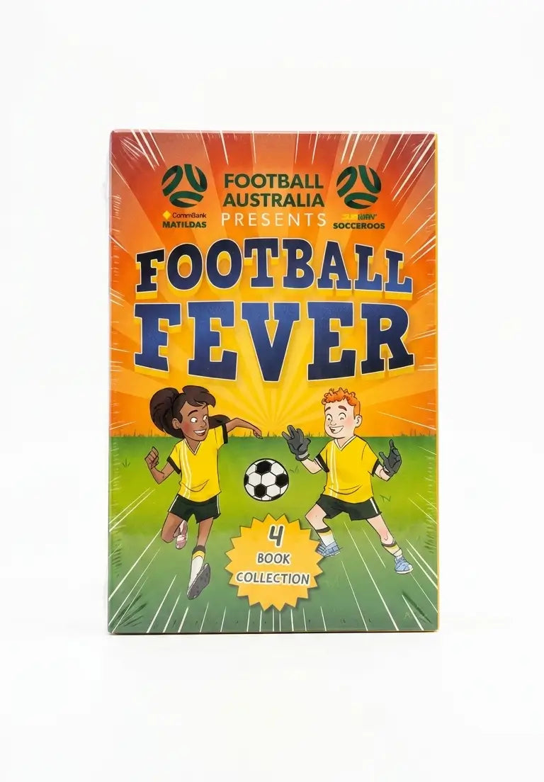 Football Fever book collection box by Football Australia, featuring cartoon children playing soccer on a green field against a bright orange sunburst background.